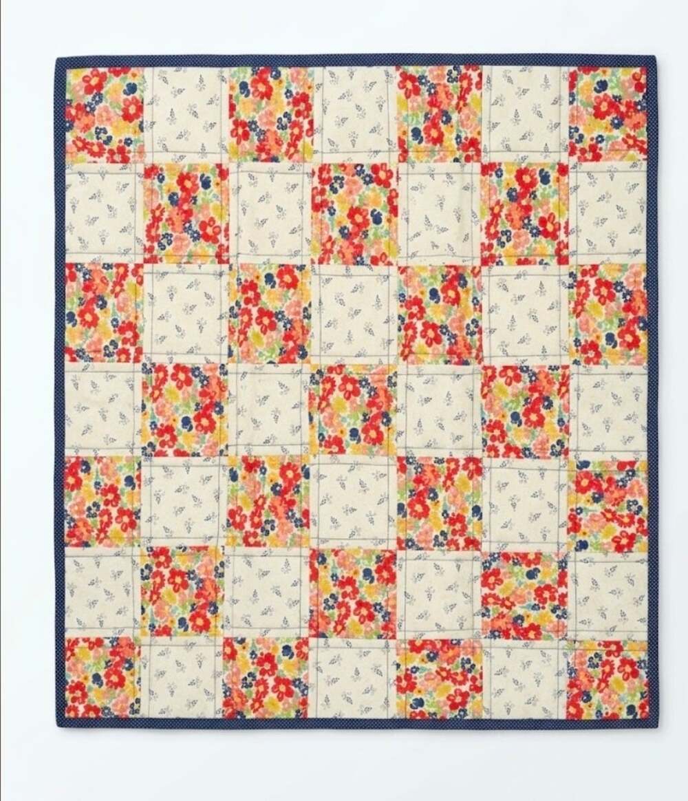 Handmade Cotton Patchwork Baby Quilt - Blue Floral Nursery Crib Blanket31" X 31"